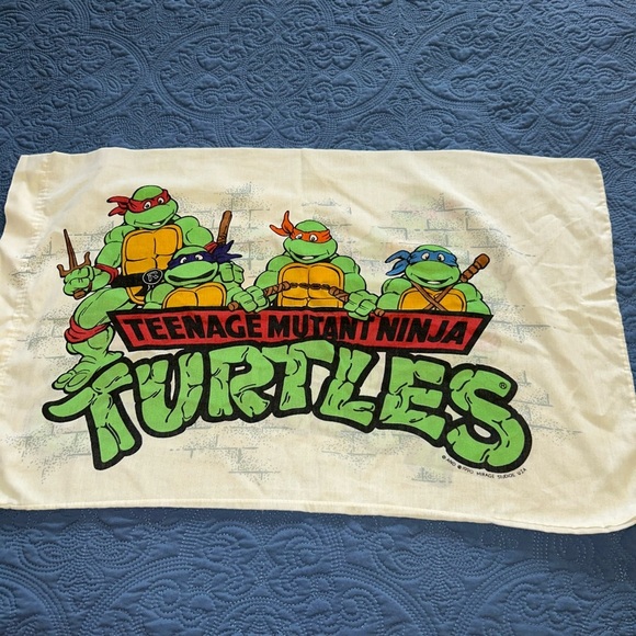 Vintage 1990 Twin Sheet Set Flat Fitted Pillowcase Teenage Mutant Ninja Turtles - Picture 7 of 10
